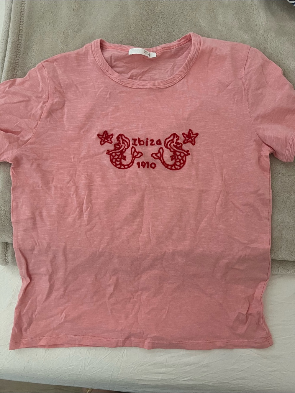Zara Pink Short Sleeve Tee with Red Mermaid Embroidery